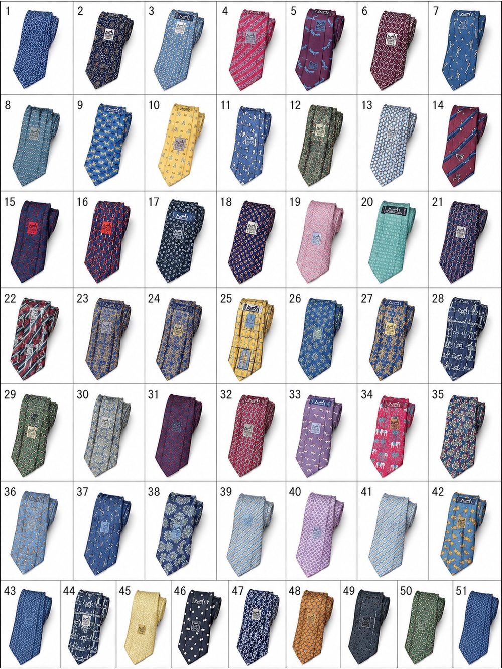 Hermes Multi-Pattern Silk Tie Collection in Blue, Red, Yellow and Green Accents